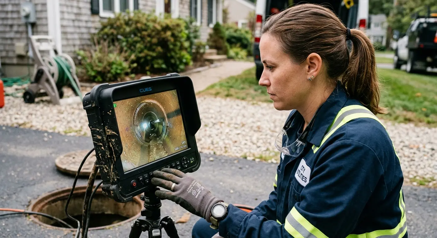 Technician reviewing sewer camera inspection footage in Accokeek