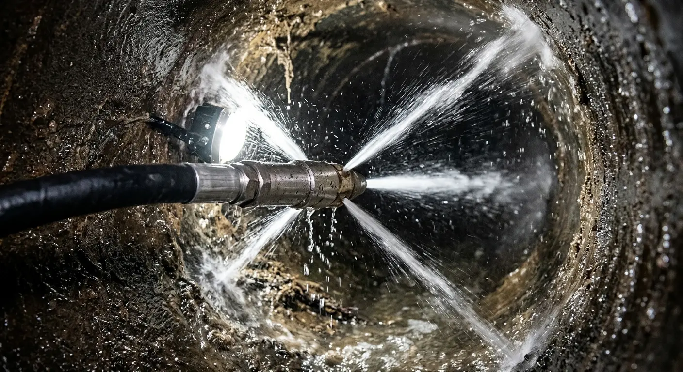 High-pressure hydro jetting nozzle cleaning sewer pipe for Sewer Cleanout in Accokeek