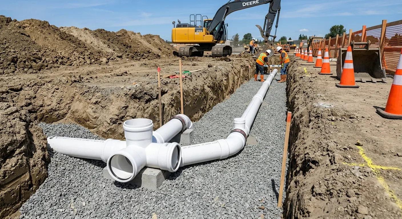 New PVC sewer pipe installation in open trench for Commercial Drain Cleaning in Accokeek
